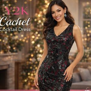 VTG Cache Black Sequin Floral Overlay Rich Red Satin Cocktail Dress,EUC,Size 0